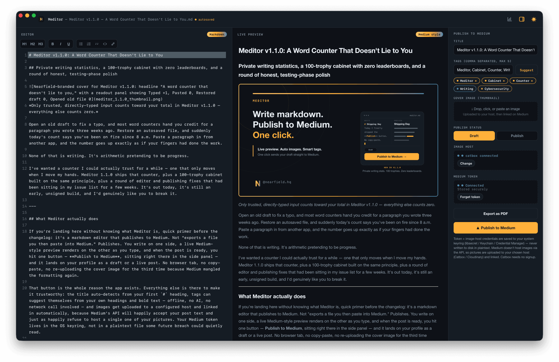Meditor with a real blog post loaded: editor and live Medium-style preview side by side, title auto-filled and tags suggested in the publish panel