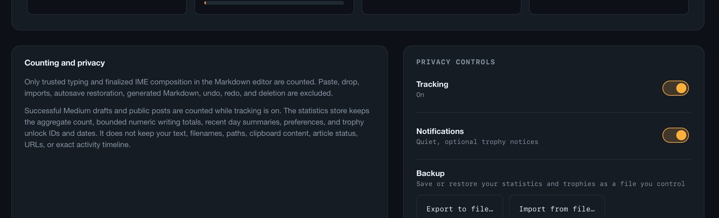 Meditor's counting and privacy panel, with toggles for tracking, notifications and local backup