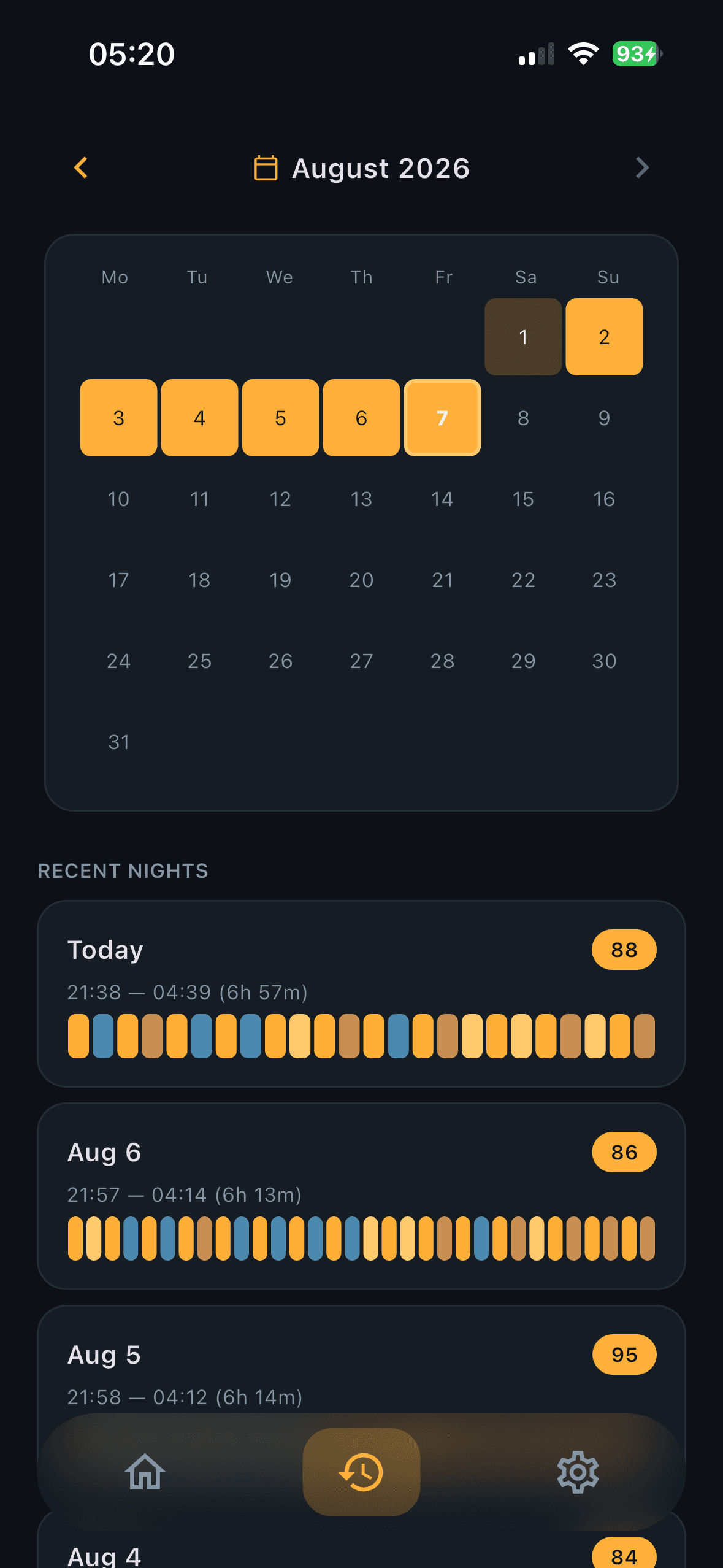 PhaseWake History tab: a calendar of tracked nights and a Recent Nights list with sleep-quality scores