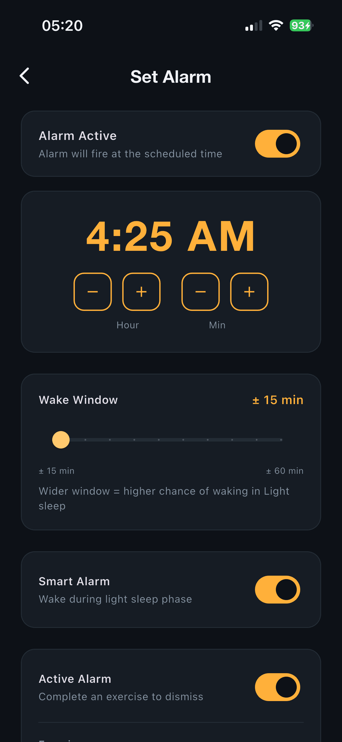 PhaseWake Set Alarm screen: alarm time, a ±15–60 minute wake window slider, Smart Alarm toggle and an exercise-to-dismiss toggle