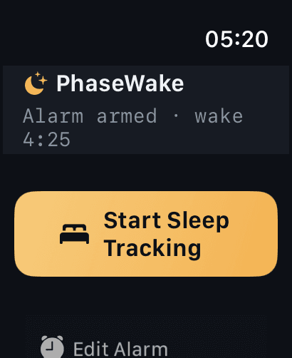 PhaseWake Apple Watch home screen showing the alarm armed for 4:25 and a Start Sleep Tracking button